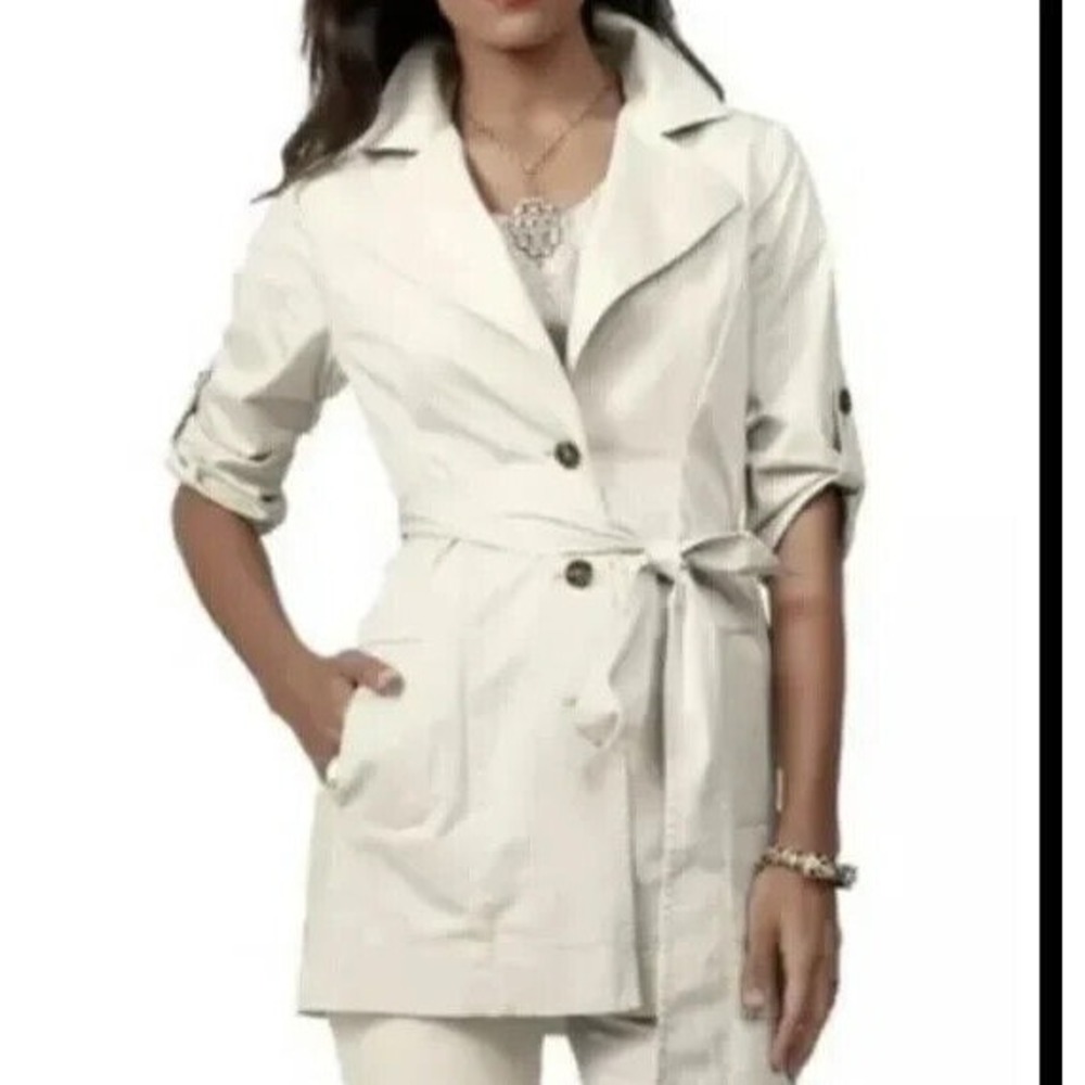 CABI #777 KHAKI Button-Up 3/4 SLEEVE Tie Belt SANDY TRENCH COAT JACKET Sz 4
